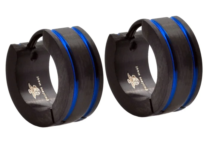 Mens 14mm Black Stainless Steel Blue Divoted Hoop Earrings