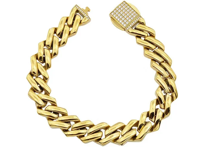Mens 14mm Gold Plated Stainless Steel Closed Link Curb Chain Bracelet With Cubic Zirconia Embedded Box Clasp