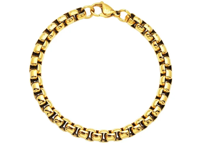 Mens 7mm Gold Stainless Steel Round Box Link Chain Bracelet