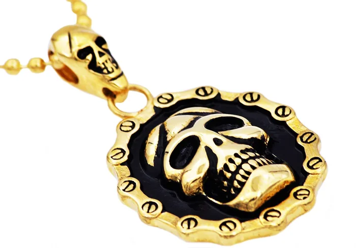 Mens Black And Gold Stainless Steel Biker Skull Pendant Necklace With 24″ Bead Chain