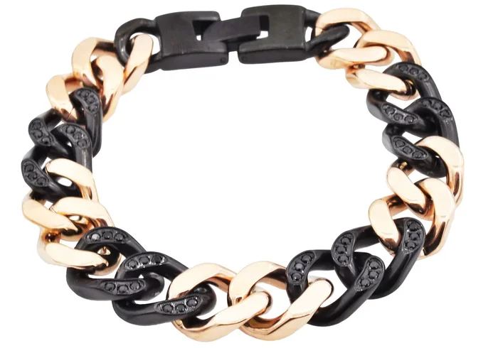 Mens Black And Rose Gold Stainless Steel Curb Link Chain Bracelet With Cubic Zirconia