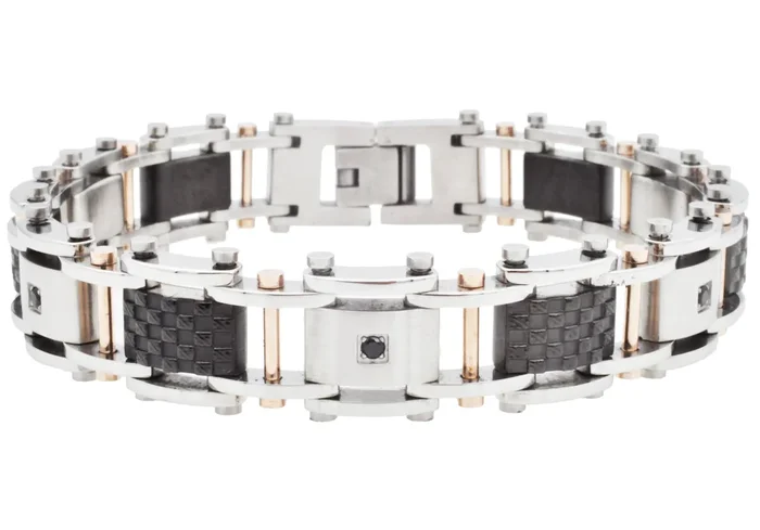 Mens Black And Rose Stainless Steel Bracelet With Cubic Zirconia