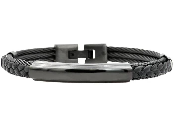Mens Black Leather And Black Stainless Steel Wire Bangle