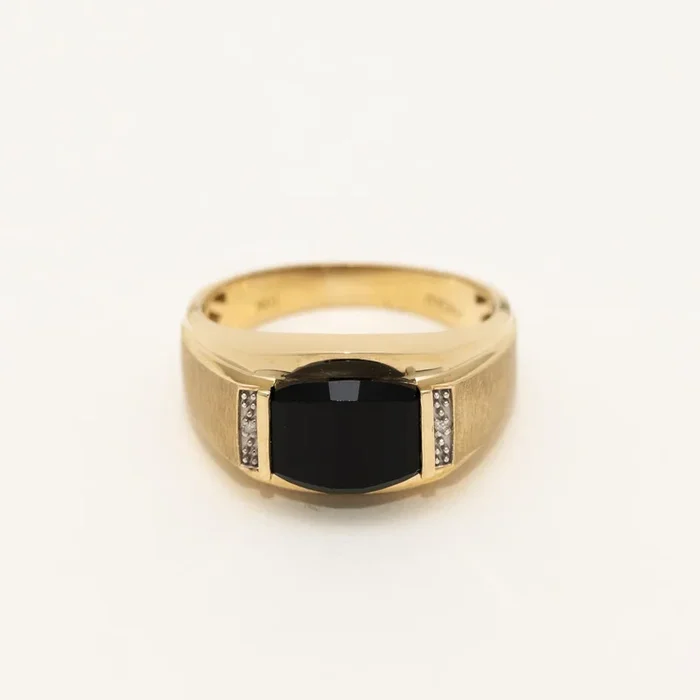 Mens Black Onyx Ring in 10kt Yellow Gold with Diamonds
