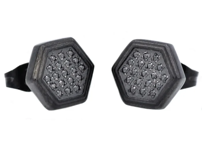 Mens Black Plated Stainless Steel Earrings With Black Cubic Zirconia