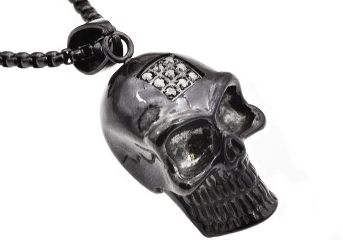 Mens Black Stainless Steel Skull Pendant With Black Cubic Zirconia