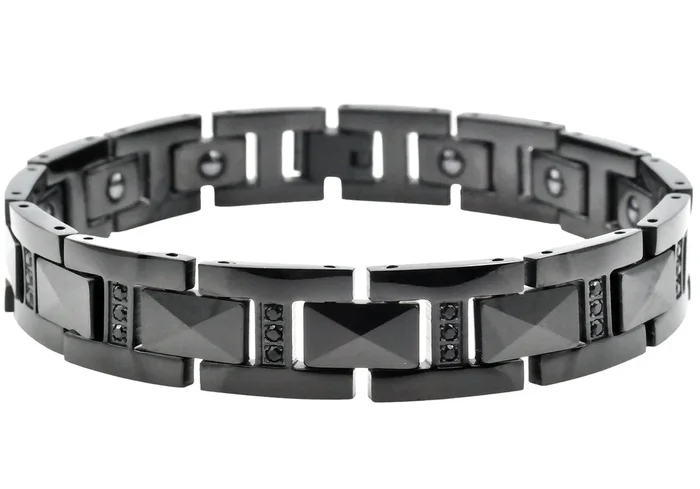 Mens Black Tungsten Link Bracelet With Black Cubic Zirconia