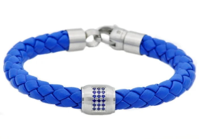 Mens Blue Leather Stainless Steel Bracelet With Blue Cubic Zirconia