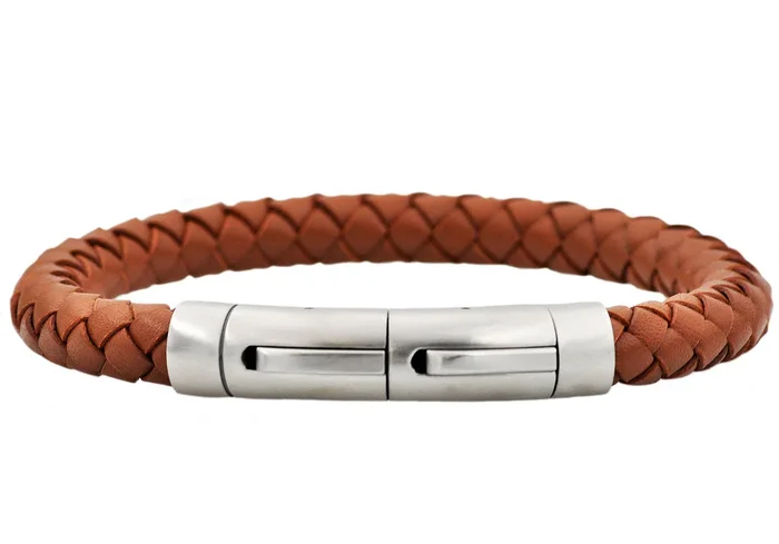 Mens Brown Leather Stainless Steel Extendable Bracelet