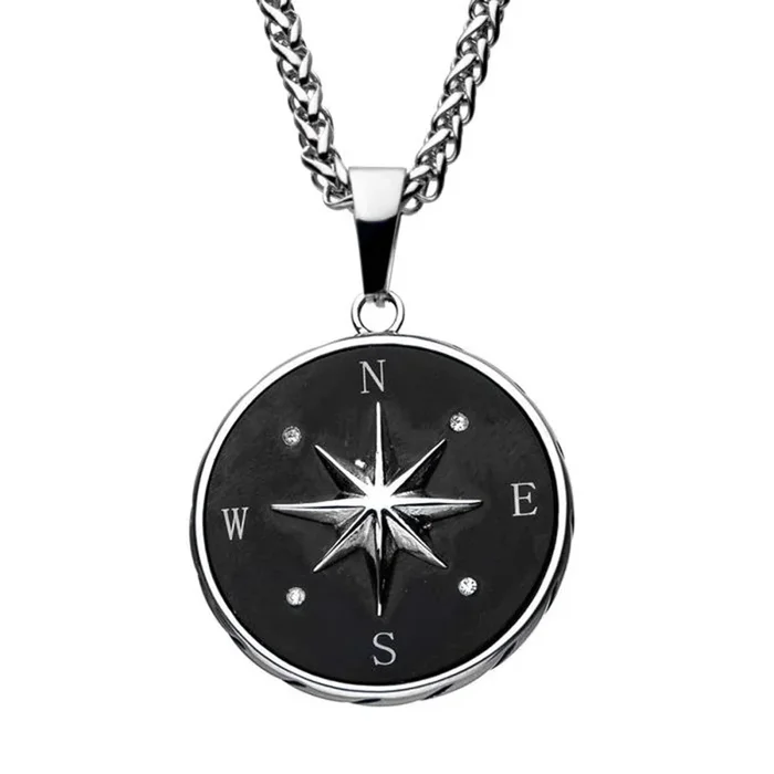 Mens Compass Necklace in Stainless Steel with Black Ion Plate