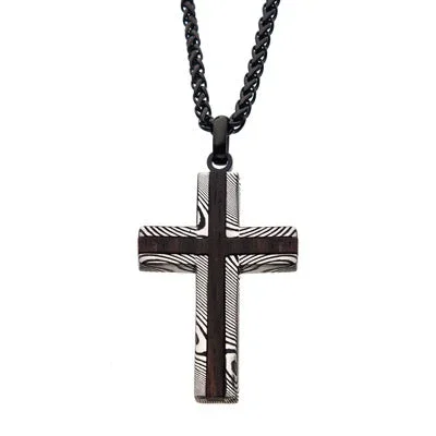 Mens Cross Necklace in Damascus Steel and Wood