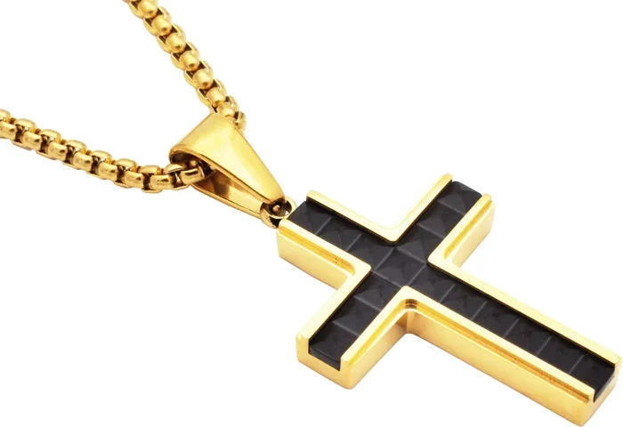 Mens Gold & Black Stainless Steel Cross Pendant With 24″ Round Box Chain