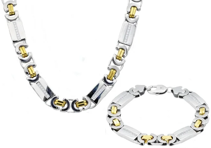 Mens Gold Stainless Steel Flat Byzantine Link Chain Set With Cubic Zirconia