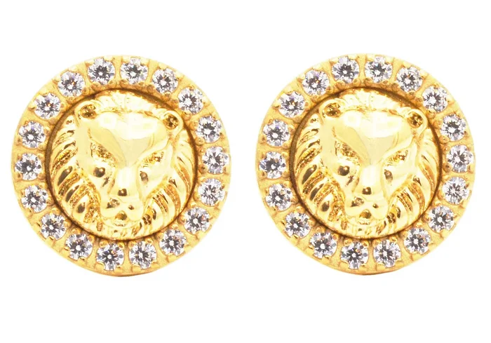Mens Lion’s Head Gold Stainless Steel Earrings With Cubic Zirconia