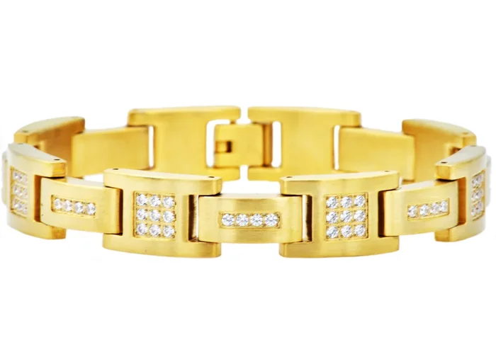 Mens Matte Gold Stainless Steel Bracelet With Cubic Zirconia