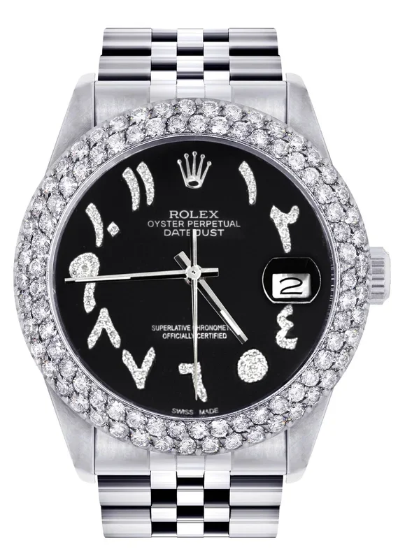 Mens Rolex Datejust Watch 16200 | 36Mm | Black Arabic Diamond Dial | Two Row 4.25 Carat Bezel | Jubilee Band