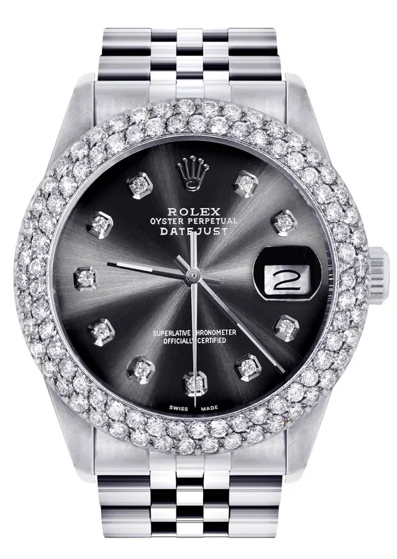 Mens Rolex Datejust Watch 16200 | 36Mm | Graphite Dial | Two Row 4.25 Carat Bezel | Jubilee Band
