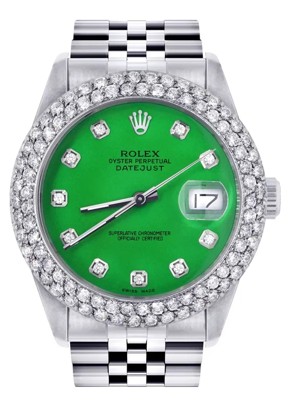 Mens Rolex Datejust Watch 16200 | 36Mm | Green Dial | Two Row 4.25 Carat Bezel | Jubilee Band
