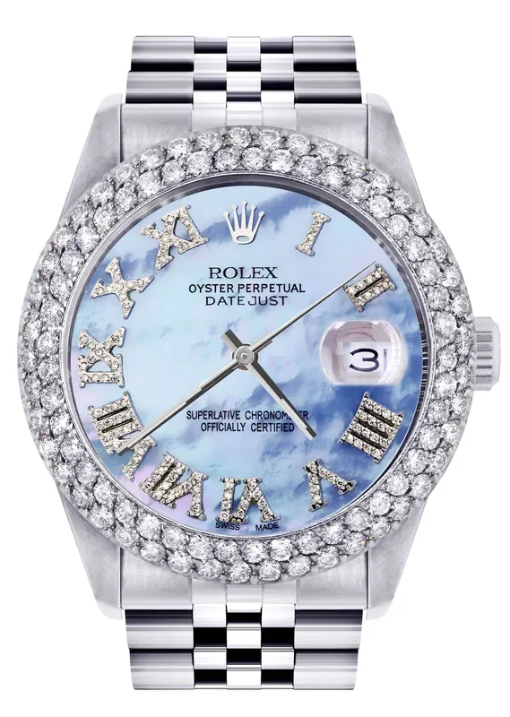 Mens Rolex Datejust Watch 16200 | 36Mm | Mother of Pearl Roman Numeral Dial | Two Row 4.25 Carat Bezel | Jubilee Band
