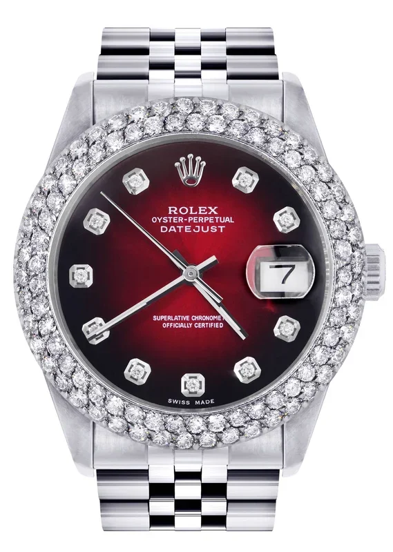 Mens Rolex Datejust Watch 16200 | 36Mm | Red Black Dial | Two Row 4.25 Carat Bezel | Jubilee Band