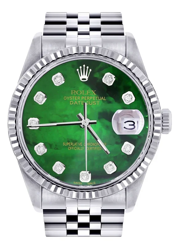 Mens Rolex Datejust Watch 16200 | Fluted Bezel | 36Mm | Green Mother of Pearl Dial | Jubilee Band