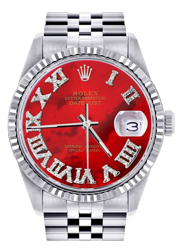 Mens Rolex Datejust Watch 16200 | Fluted Bezel | 36Mm | Red Mother of Pearl Roman Numeral Dial | Jubilee Band
