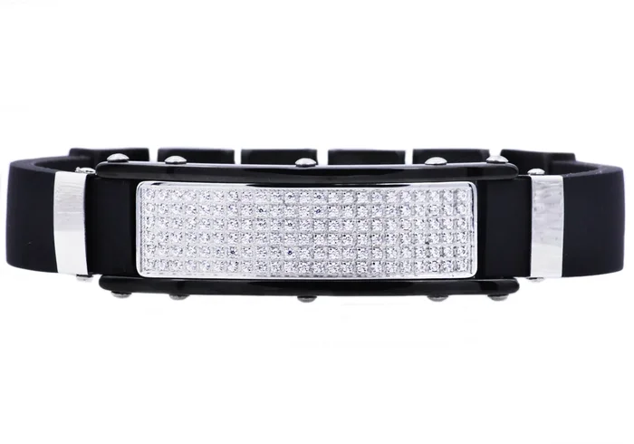 Mens Silicone And Black Stainless Steel Bracelet With Cubic Zirconia