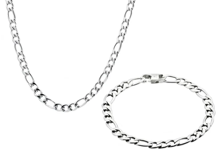 Mens Stainless Steel Figaro Link Chain Set