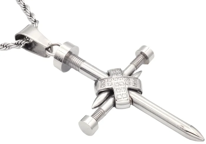 Mens Stainless Steel Nail Cross Pendant With Cubic Zirconia and 24″ Rope Chain