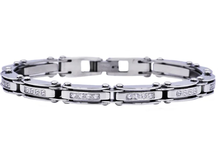 Mens Thin Stainless Steel Bracelet With Cubic Zirconia