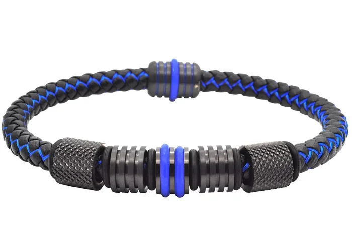 Mens Two-Tone Black and Blue Leather Stainless Steel Bracelet