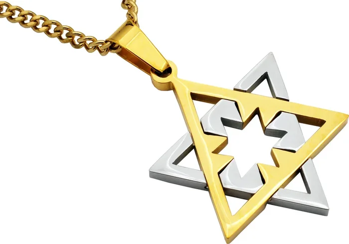 Mens Two-Tone Gold Plated Stainless Steel Star Of David Pendant With 24″ Gold Curb Chain