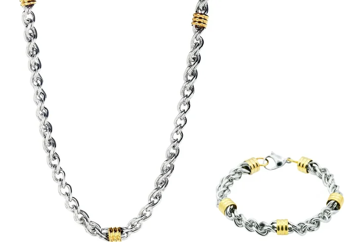 Mens Two Tone Stainless Steel Link Chain Set