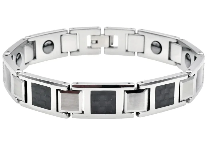 Mens Two-Toned Black and White Carbon Fiber Tungsten Bracelet