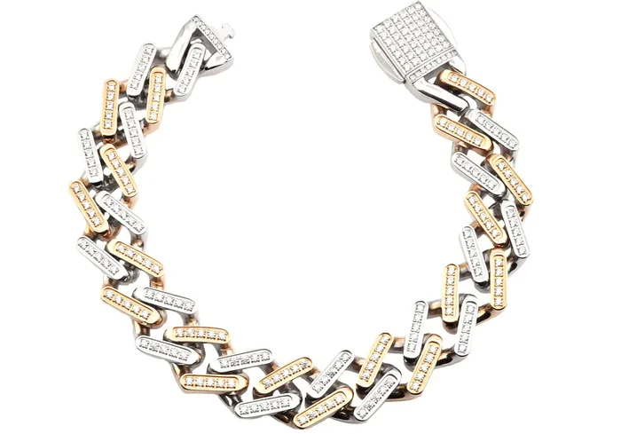Mens Two-Toned Gold and Rose Stainless Steel 14mm Monaco Link Chain Bracelet With Cubic Zirconia