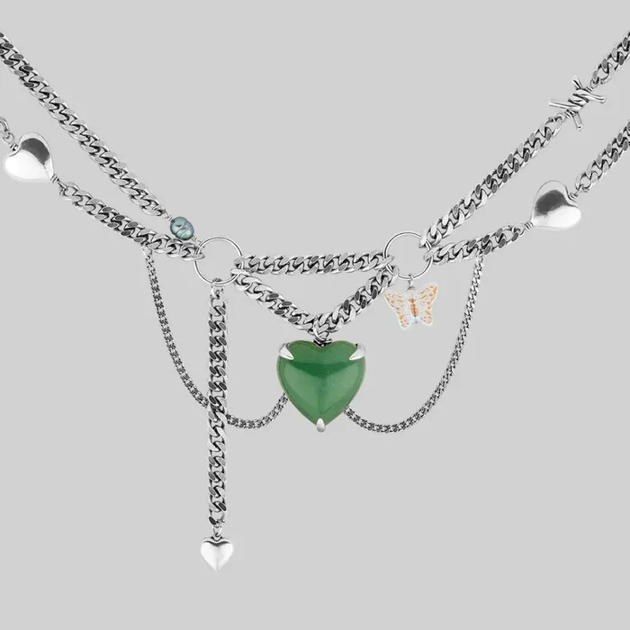 METAMORPHOSIS. Gemstone Heart & Chain Charm Necklace – Silver