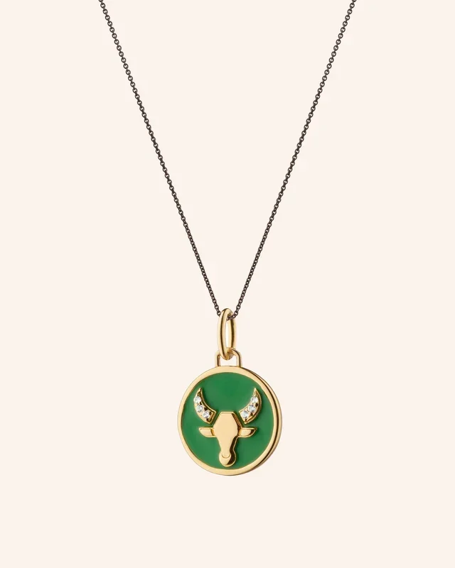 Mini “Taurus” Green Enamel Necklace with White Sapphires