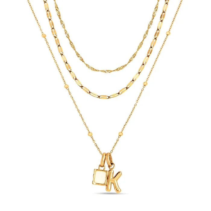 Mini Molten Initial & Moonstone Charm Layered Necklace Set (Gold)