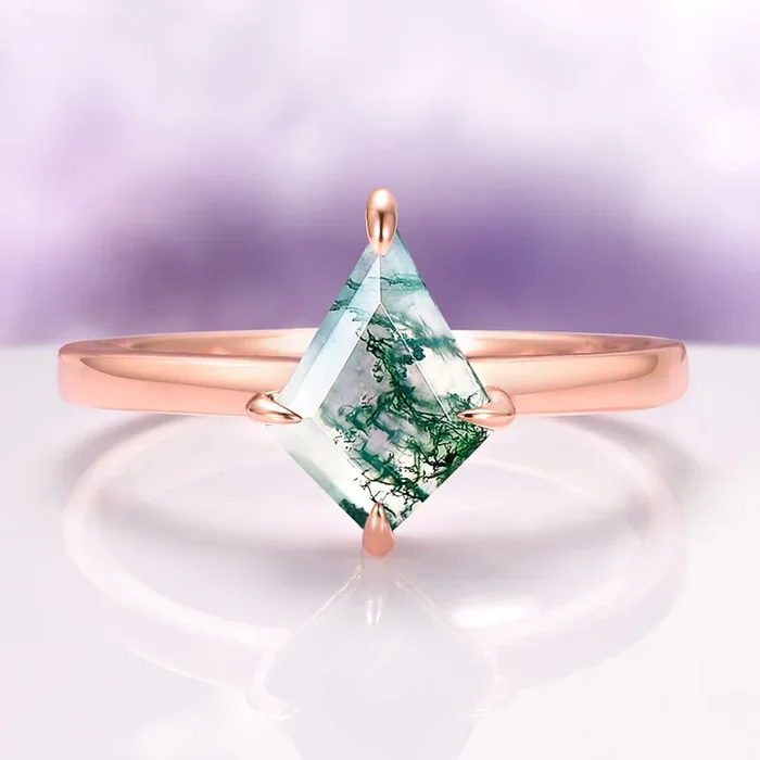 Minimalist Kite Cut Green Moss Agate Ring in 14K Rose Gold Vermeil