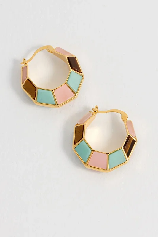 Mixed Gemstone Octagon Hinge Hoop Earrings