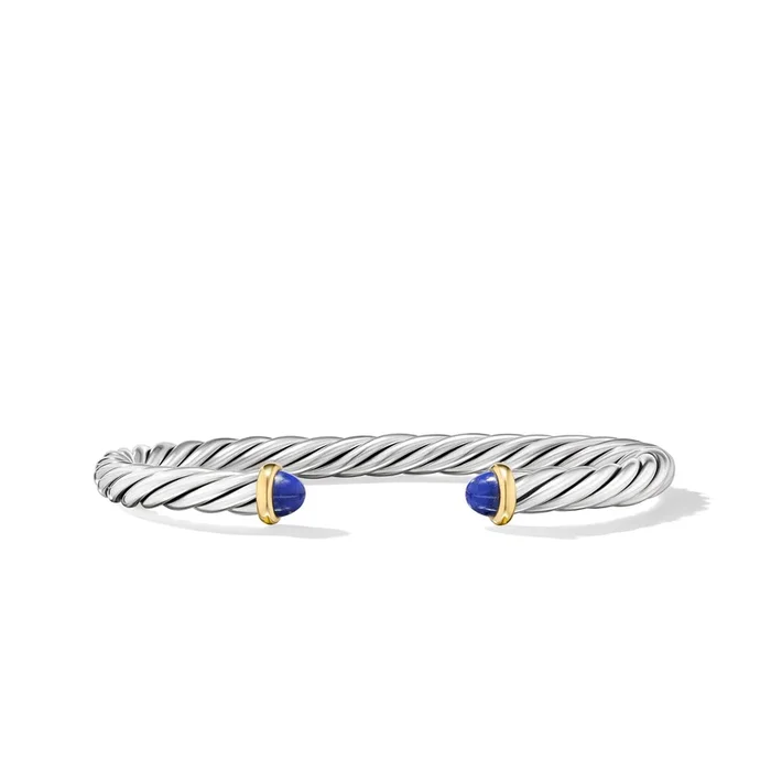 Modern Cable Cuff Bracelet in Sterling Silver with 14K Yellow Gold and Lapis, 6mm