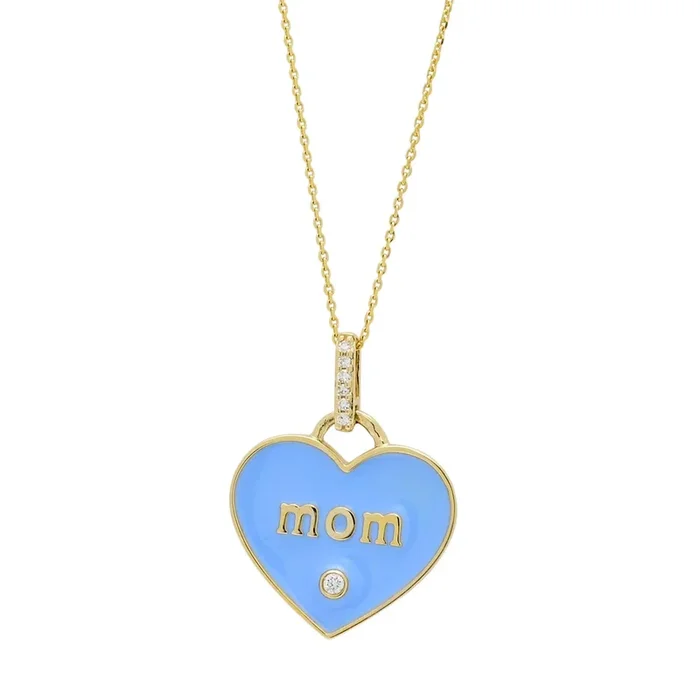 Mom Blue Enamel Heart Pendant with Diamonds in 10kt Yellow Gold (.03ct tw)