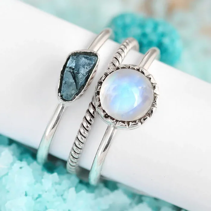 Mondstein- und Aquamarin-Ring-Set aus Sterlingsilber
