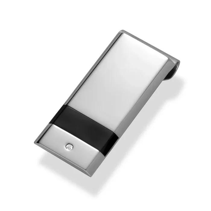 Money Clip in Stainless Steel and Black Ion Plate with Cubic Zirconia