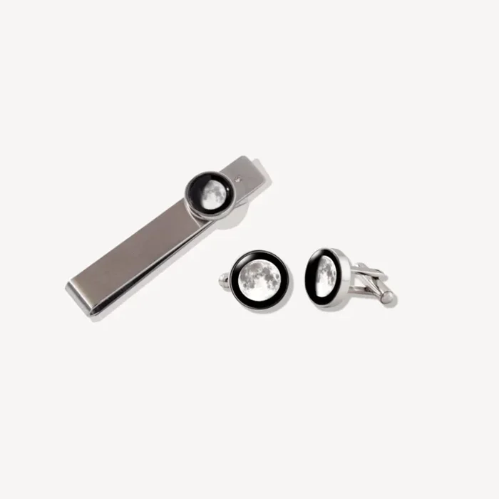 Moon and Crystal Tie Bar and Cufflinks Bundle