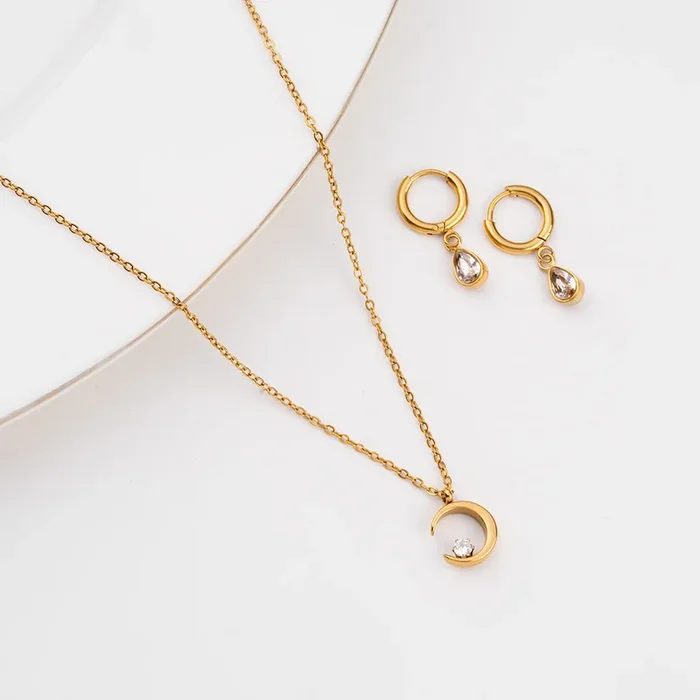 Moon Charm Necklace & Solitaire Drop Hoop Earrings Combo Set