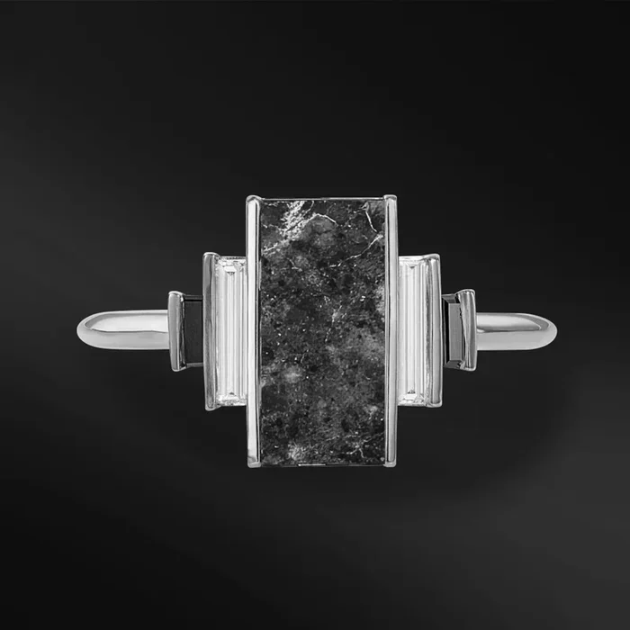 Moon Light – Real Lunar Meteorite Ring for Women | Baguette Moissanite & Black Diamonds | D-color, VVS1 Clarity