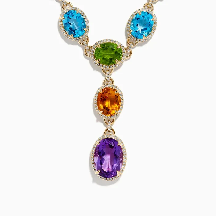 Mosaic 14K Yellow Gold Diamond and Multi Color Gemstone Statement Necklace