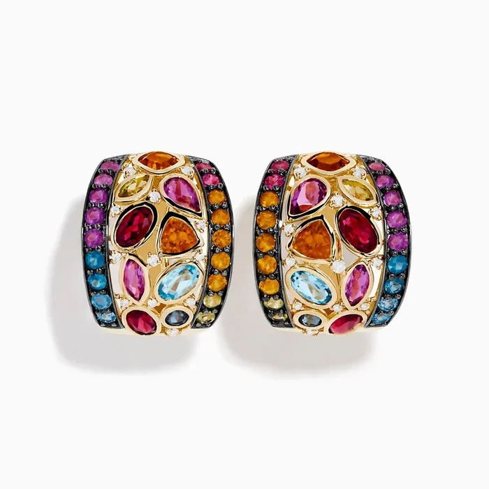 Mosaic 14K Yellow Gold Multi Color Gemstone and Diamond Earrings