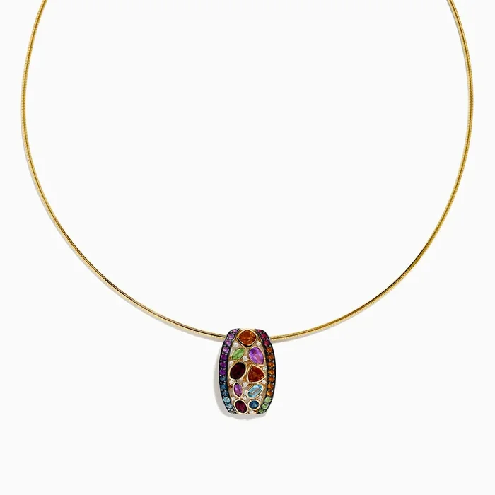 Mosaic 14K Yellow Gold Multi Color Gemstone and Diamond Pendant